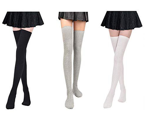 Leg Warmers Knee High Socks Women Cotton Thigh High Socks Knit Crochet Socks Leggings Best Christmas Gift (Black-Gray-Cream) at Amazon Women’s Clothing store: