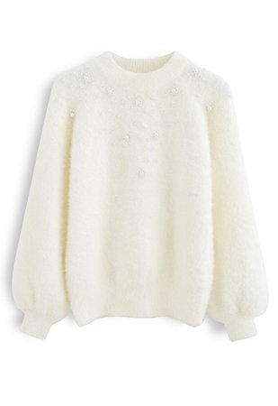 Pearl Trim Fuzzy Rib Knit Sweater in Ivory - Retro, Indie and Unique Fashion