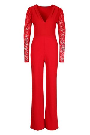 Plunge Front Lace Sleeve Wide Leg Jumpsuit red
