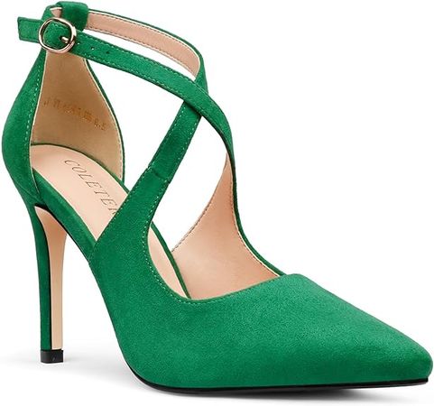 Amazon.com | COLETER Womens 4" Pointed Toe D'Orsay Pumps Stilettos High Heel Crossed Ankle Strap Dress Shoes Green Suede 10.5US | Pumps