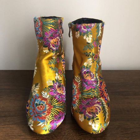 bright satin chunky heel boots 💗 #satin #gold... - Depop