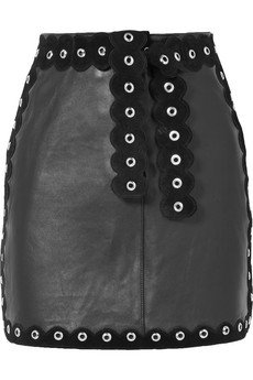 Embellished suede-trimmed leather mini skirt