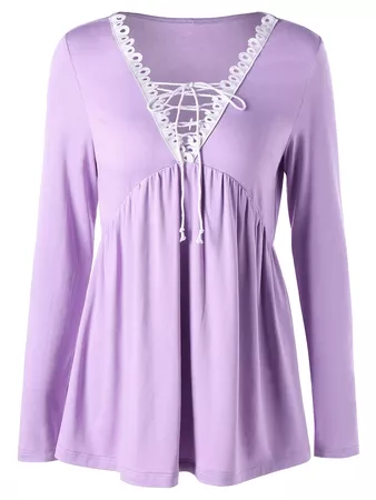 Tees & T-Shirts | Light Purple L V Neck Lace Up Top - Gamiss