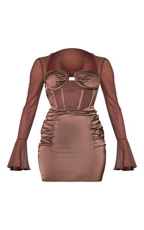 Chocolate Satin Corset Mesh Sleeve Bodycon Dress | PrettyLittleThing USA