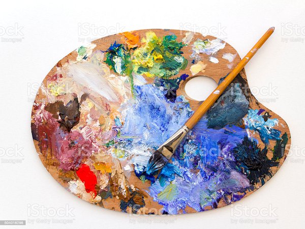 Colourful Artists Oil Paint Palette And Brush On White Stock Photo - Download Image Now - iStock