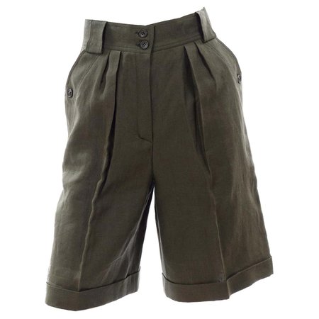 Vintage Army Green Escada Linen High Waisted Shorts Deadstock New With Tags For Sale at 1stDibs