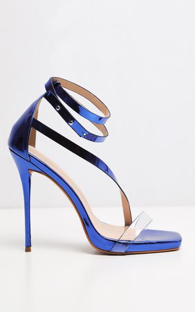 Blue Metallic Square Toe Asymmetric Strap Sandal | PrettyLittleThing USA