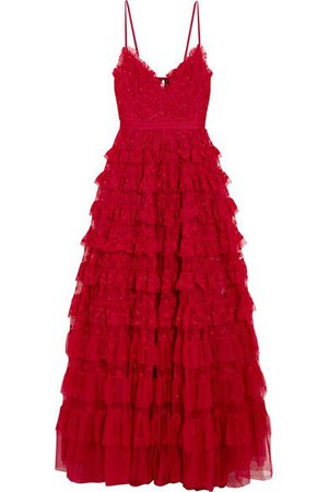 red marie tiered tulle gown