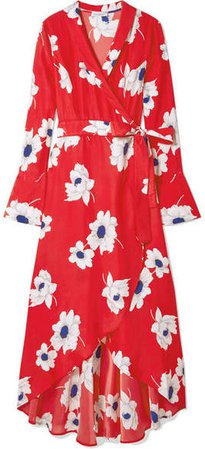 Gowin Floral-print Washed-silk Wrap Midi Dress - Red