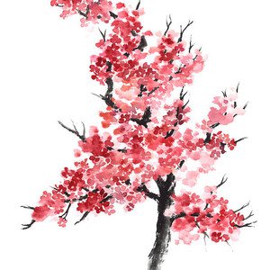 Cherry Blossom Branch Watercolor Art Print Painting Painting by Joanna Szmerdt