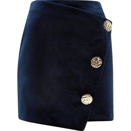 River Island navy velvet button wrap mini skirt