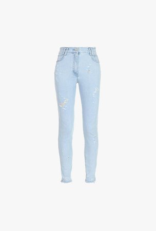 High Waisted Faded Light Blue Skinny Jeans for Women - Balmain.com