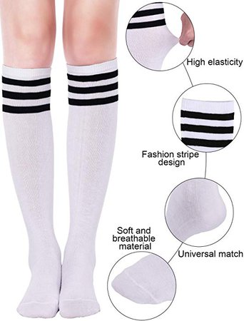 Tatuo 3 Pairs Classic Triple Stripes Knee Socks Athletic Sports Tube Socks Casual Soccer Socks (Color Set 2) at Amazon Women’s Clothing store: