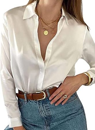Bloggerlove Women Satin Shirts Button Down Blouse Casual Long Sleeve Silk Blouse Office Work Top at Amazon Women’s Clothing store