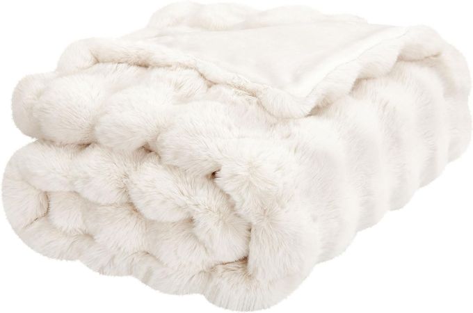 DREAMNINE Decorative Soft Thick Fuzzy Faux Rabbit Fur Throw Blanket for Couch Sofa, Reversible Plush Warm Fleece Fluffy Blanket for Winter, Luxury Cute Cozy Furry Blanket for Bed,50" x 60",Cream White : Home & Kitchen