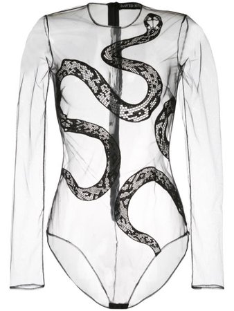 David Koma Snake Print Mesh Bodysuit