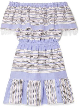 Amira Off-the-shoulder Frayed Striped Cotton-gauze Mini Dress - Blue
