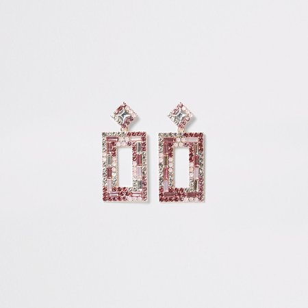 Pink diamante rectangle drop earrings | River Island