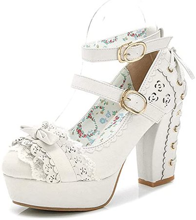 Amazon.com | Japanese Style Sweet Bow Lace Princess Lolita Shoes Lace-up High Heel Buckle Strap Thick Platform Pumps White | Pumps