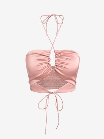 [35% OFF] 2022 ZAFUL Criss Cross Halter Cut Out Smocked Open Back Crop Top In LIGHT PINK | ZAFUL
