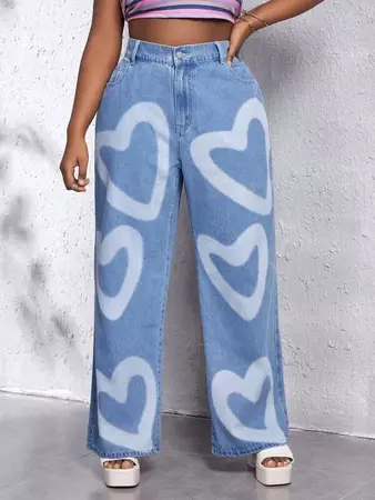 Plus Heart Print Wide Leg Jeans | SHEIN