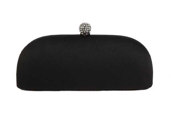 Black satin box clutch bag pod style with diamante ball closure by Olga Berg - Perfect Handbags