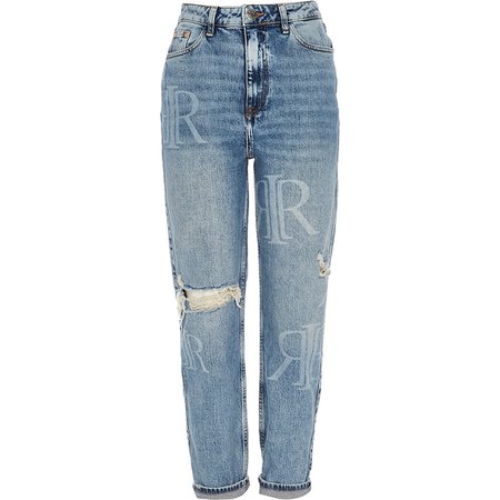 Blue RI monogram rip mom jeans | River Island