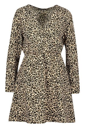 Leopard Print Wrap Skater Dress | Boohoo leopard