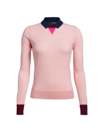 layered merino wool long sleeve polo sweater preppy pink