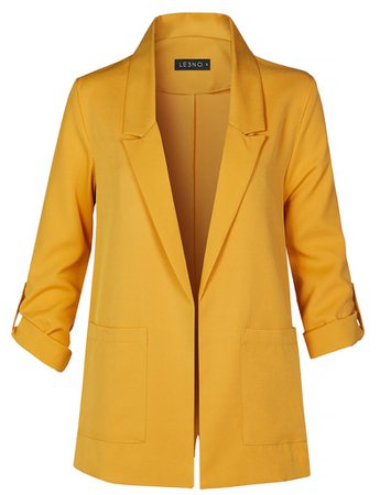 Casual Open Front Collared Blazer Jacket with Roll Up Sleeves And Pock | LE3NO yellow