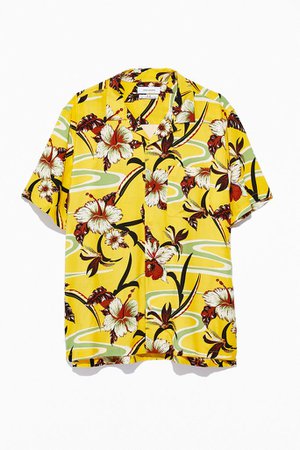 UO Tropical Rayon Short Sleeve Button-Down Shirt | Urban Outfitters Canada yellow