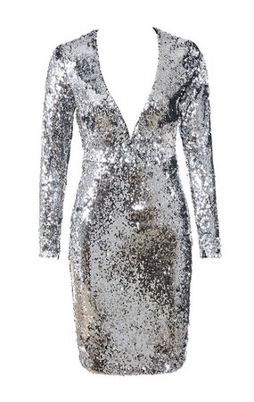 Clothing : Bodycon Dresses : 'Robina' Silver Sequin Plunge Neck Dress