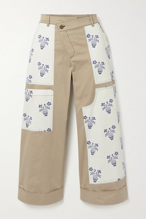 Beige Flower Pot cropped patchwork cotton-blend twill wide-leg pants | Monse | NET-A-PORTER