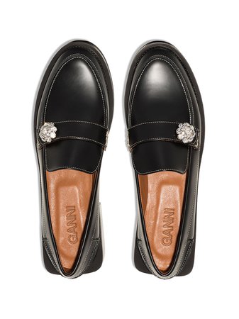 GANNI crystal-embellished black Leather Loafers - Farfetch