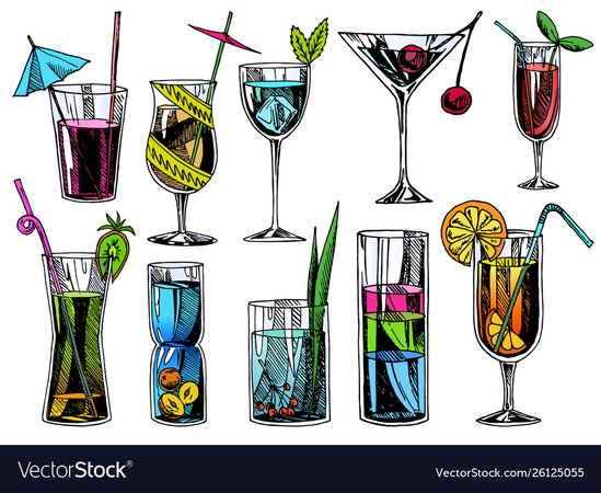 Hand drawn cocktails vintage glasses with liquors Vector Image