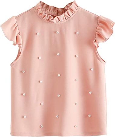 Romwe Girl's Summer Pearls Beaded Ruffle Cap Sleeve Keyhole Blouse Tops Shirt Pink 8Y