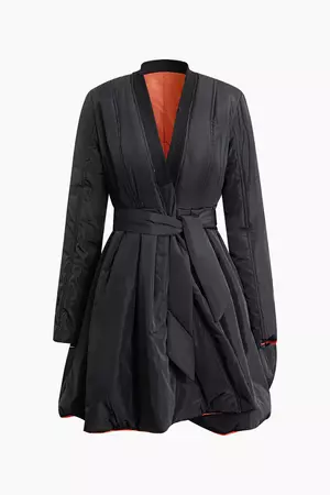 Contrast Belted V-neck Puffer Coat – Micas