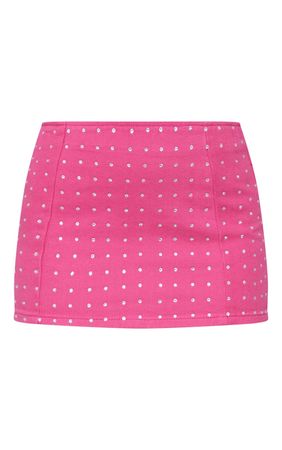 Bright Pink Diamanté Detail Denim Mini Skirt | PrettyLittleThing USA