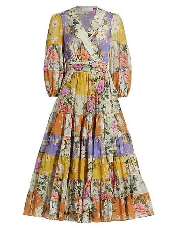 Shop Zimmermann Pattie Patchwork Floral Cotton Wrap Midi-Dress | Saks Fifth Avenue