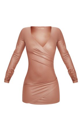 Stone Pu Long Sleeve Wrap Detail Bodycon Dress | PrettyLittleThing USA