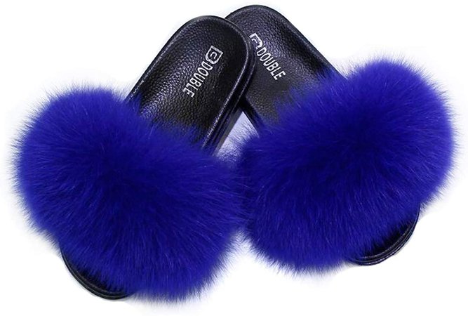 Amazon.com | Valpeak Fur Slippers Slides For Women Open Toe Fuzzy Fur Slippers Girls Fluffy House Slides Outdoor (Royal Blue, 8-9) | Slippers