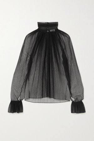 Black Ruffled plissé silk-tulle turtleneck blouse | SAINT LAURENT | NET-A-PORTER