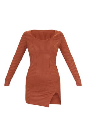Rust Ribbed Long Sleeve Split Hem Bodycon Dress | PrettyLittleThing USA