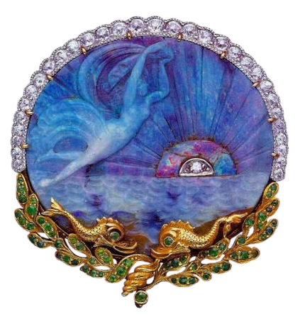 Brooch by Marcus & Co. from the early 1900's features a Queensland Boulder Opal carved cameo of Aurora, goddess of the dawn, flying through a sky lit up with diamonds. Demantoid garnet fish and...