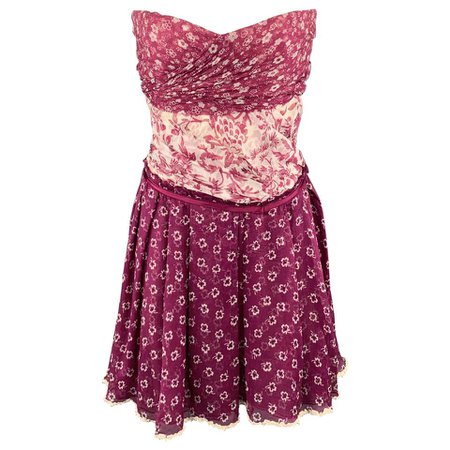DOLCE and GABBANA Size 6 Purple Floral Silk Strapless Bustier Dress For Sale at 1stdibs