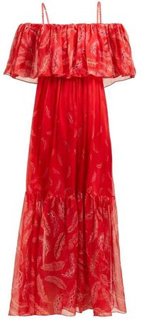 X Zandra Rhodes Diana Off The Shoulder Silk Dress - Womens - Red Multi