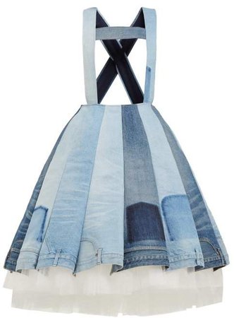 Panelled Denim And Tulle Dress - Womens - Blue