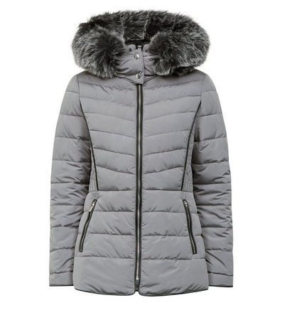 Pale Grey Faux Fur Trim Hooded Puffer Jacket | New Look