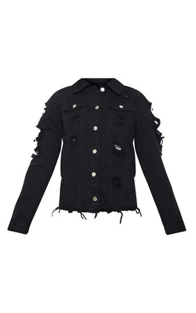 Abegaila Black Distress Oversized Denim Jacket | PrettyLittleThing