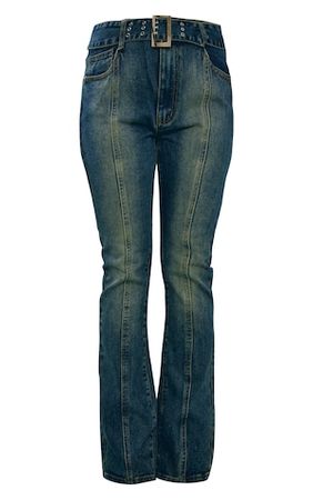 Indigo Vintage Wash Belted Seam Front Flare Jeans | PrettyLittleThing USA